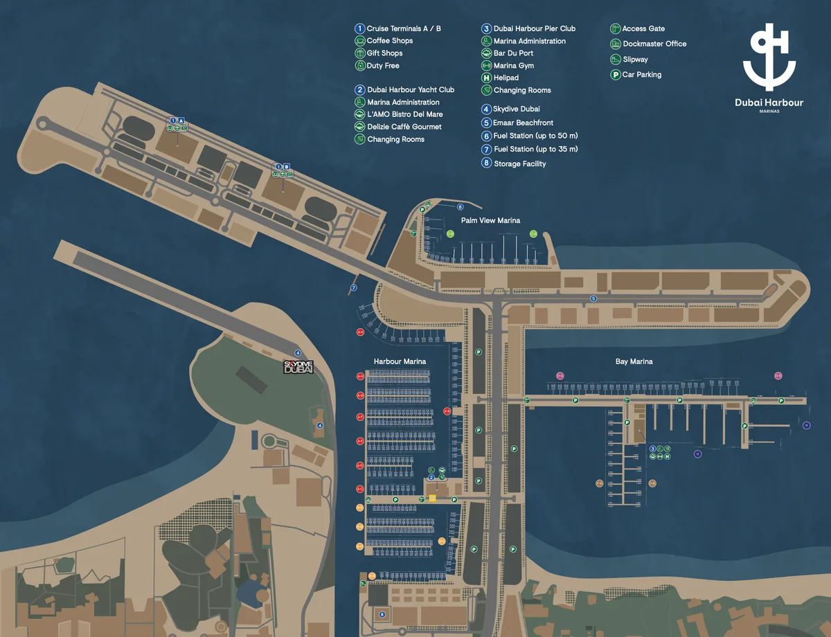 Map of Dubai Harbour marinas showing parking, cafés and facilities